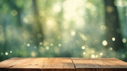 Leinwandbilder - Wooden tabletop with a background of blurred fresh green bokeh for showcasing products and nature-inspired themes
