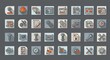 © the - Engineering and industrial icons set depicting technical concepts on gray backgrounds.