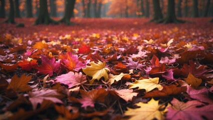 Poster - Pattern and Texture of Red and Orange Foliage from Various Brown, Pink, Yellow, and Red Leaves in Pleasant Weather