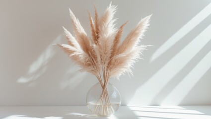 Poster - A bunch of dried grass on a white table in front of a simple wall. Minimal style mockup.