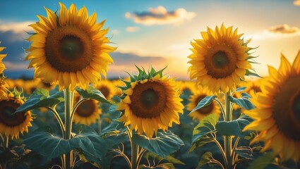 Poster - Scenic sunset casting light on a sunflower field