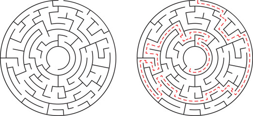 Circular maze illustration showing challenge solution path isolated on a white background