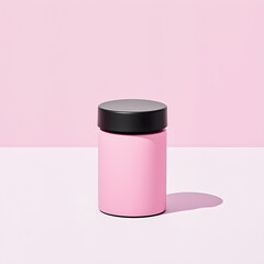 Wall Mural - Pink cylindrical container on pastel background; minimalist product shot for packaging design