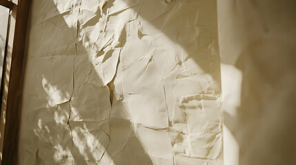 Wall Mural - Sunlight illuminates crumpled paper art on wall, interior design backdrop