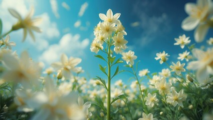 Wall Mural - a stunning perspective of lush green wildflower stems and soft white flowers contrasted with a brigh