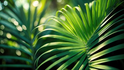 Wall Mural - Close-up of natural tropical palm leaf texture in vibrant green
