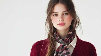 Wall Mural - a young woman with long brown hair wearing a red cardigan and a plaid scarf, standing against a whit