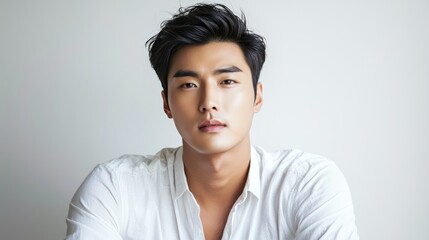 Wall Mural - a young man with black hair wearing a white shirt, sitting against a white background.