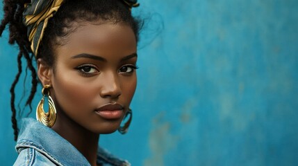 Wall Mural - a young woman with braided hair and a headband, wearing a denim jacket, standing in front of a blue 