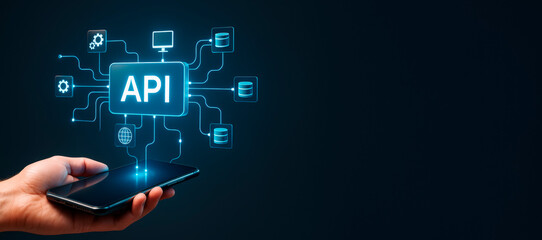 Fototapete - Hand holding smartphone with glowing API interface icons symbolizing data integration and technology concept on dark background.