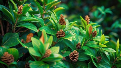 Wall Mural - detailed perspective of foliage showcasing bright green leaves and emerging cones in a natural envir
