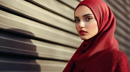 Wall Mural - a woman wearing a red hijab, standing in front of a metallic wall, with a neutral expression on her 