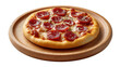 © จงดี พลพวก - Pizza Perfection: A close-up shot of a delicious, freshly baked pepperoni pizza resting on a natural wooden plate, showcasing its appetizing qualities and vibrant colors.