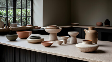 Wall Mural - earthenware pottery collection displayed on kitchen counter, near window, rustic background, for hom