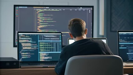 Software developer working on code on multiple screens