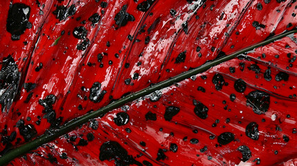 Wall Mural - Red leaf vein close-up, black paint texture, nature background; design element