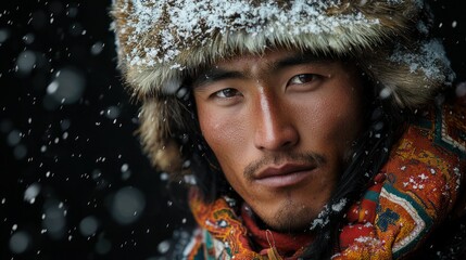 Wall Mural - a man in a fur hat and scarf, with snowflakes falling around him, against a black background.