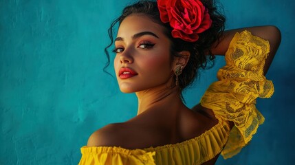 Wall Mural - a woman with curly hair, wearing a yellow dress with lace sleeves, posing against a blue wall.