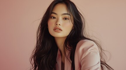 Wall Mural - a woman with long black hair, wearing a pink blazer, sitting against a pink background with her hair