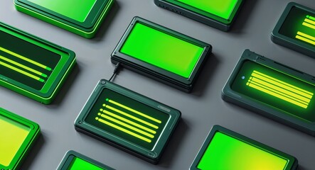 Collection of vintage screens glowing bright lime green with rolling pixel noise over smooth gray wallpaper design concept