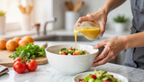 Healthy cooking with fresh salad dressing in modern kitchen, nutrition