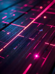 Wall Mural - Vibrant pink and blue neon lights create an abstract grid pattern on a wooden surface.