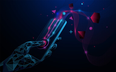 Leinwandbilder - Futuristic low poly hand touching smartphone with digital flow