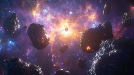Aufkleber - Vibrant nebula of purples and oranges surrounds jagged asteroids in deep space. The bright center hints at a distant star. Ideal for sci-fi concepts. Astronomy and Galaxy backgrounds.