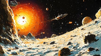 Fototapete - A spaceship soars across a desolate alien landscape, bathed in the glow of a distant nebula. Explore the cosmos and the thrill of interstellar travel. Astronomy and Galaxy backgrounds.