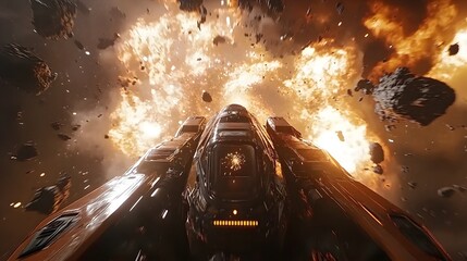 Fototapete - Futuristic spaceship navigates a hazardous asteroid field with explosions erupting behind it, conveying action and peril. Astronomy and Galaxy backgrounds.