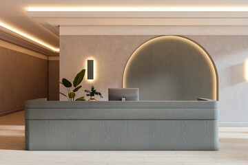 Wall Mural - modern minimalist office reception desk mockup with soft lighting, clean design, and blank space for