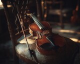 A well-loved violin rests on an antique chair, bathed in warm, golden light.  The rich, dark wood contrasts beautifully with the chair's upholstery.