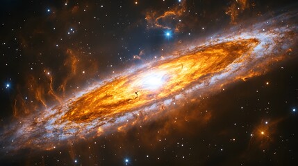 Fototapete - Edge-on spiral galaxy unveils vibrant orange spiral arms and a brilliant central bulge against a backdrop of twinkling stars and dark nebulosity.Astronomy and Galaxy backgrounds