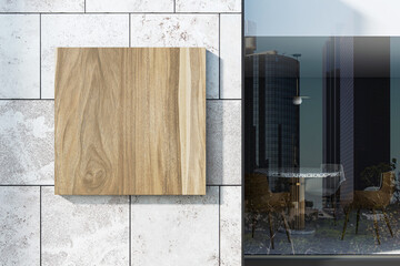 Leinwandbilder - Modern wooden signboard on light stone tile wall with reflection of city buildings and chairs in glass facade outdoors in daylight mockup display template. 3D Rendering