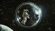 © Naru - Astronaut in Space Bubble - Astronaut floats in a transparent sphere against a backdrop of stars and a moon. Space exploration concept