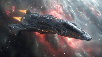 Fototapete - Futuristic spaceship soars through a vibrant nebula. Sleek design, orange engine flames against a backdrop of cosmic clouds and stars. Ideal for sci-fi themes. Astronomy and Galaxy backgrounds