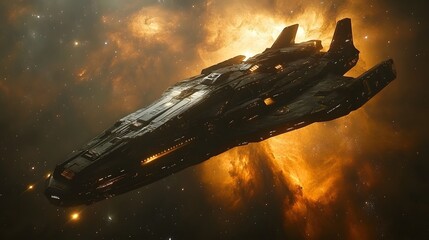 Poster - A striking spaceship dominates against a fiery nebula. Perfect for sci-fi projects, book covers, or gaming visuals. Explore the cosmos with this stellar image. Astronomy and Galaxy backgrounds.