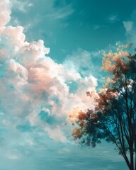 Wall Mural - A mesmerizing view of the fluffy clouds in the blue sky with tree