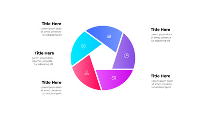 Aufkleber - Circular infographic chart divided into five sections, each with icons and explanations, representing different categories or concepts for professional presentations or visualized data communication