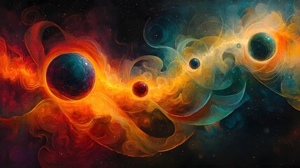 Poster - Cosmic planets display vibrant nebulae. Turquoise, blue, and teal orbs float in deep space, surrounded by fiery swirls and ethereal clouds. Astronomy and Galaxy backgrounds.