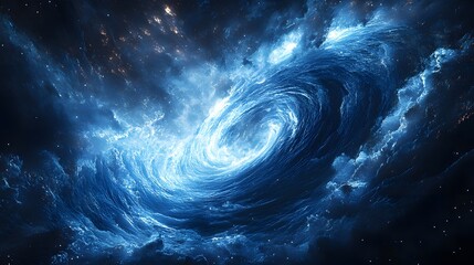 Poster - A mesmerizing cosmic whirlpool of deep blue energy dominates space. Luminescent center draws the eye, surrounded by wisps, stars, and swirling clouds. Astronomy and Galaxy backgrounds.