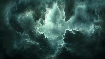Poster - A stunning nebula, swirling teal and blue cosmic clouds illuminate the darkness. Glimmering stars punctuate this celestial masterpiece, evoking wonder. Astronomy and Galaxy backgrounds
