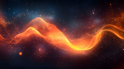 Poster - Cosmic energy flows in a vibrant ribbon of light across a star-filled expanse. Orange and yellow hues illuminate this dynamic, ethereal scene. Astronomy and Galaxy backgrounds.