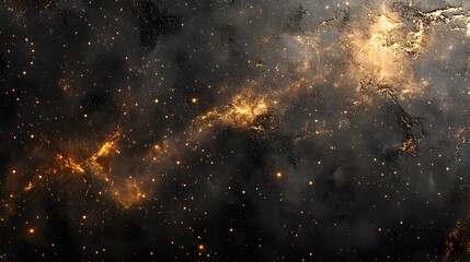 Poster - Cosmic landscape! Grainy black surface dotted with golden stars and nebulae creates depth and texture. Evokes space, glowing fractures. Astronomy and Galaxy backgrounds.