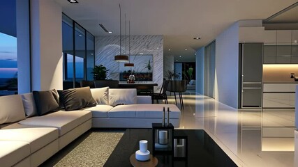 Poster - Modern luxury living room in an upscale villa showcasing elegant design and stunning sunset views