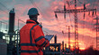 © Kowit - A utility worker inspects power lines at a substation during sunset, wearing safety gear and holding a clipboard.