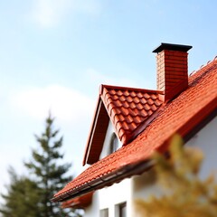 Aufkleber - Bright Orange Roof and Chimney of a Building Against a Clear Sky - Architectural Details and Design
