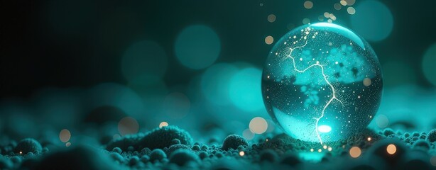 Wall Mural - Blue sphere with a glowing light inside of it. The sphere is surrounded by a dark background