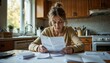 ©  Elvira Astahova - *Stressed woman staring at stack of unpaid bills at cluttered kitchen table against natural daylight backdrop*