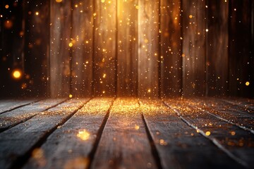 Wall Mural - sparkling particles dance in warm light against wooden background creating an enchanting atmosphere